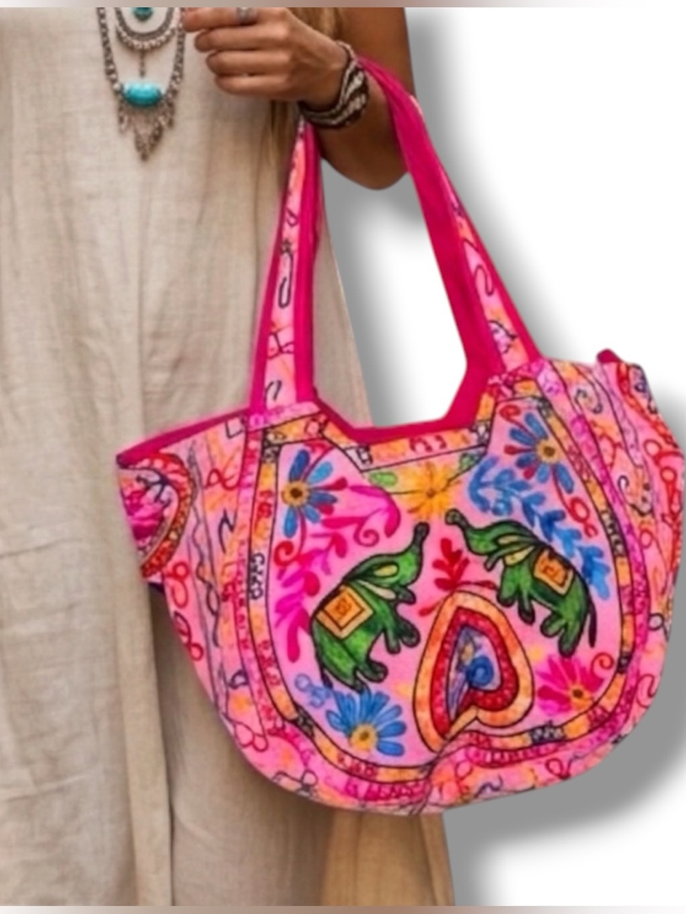 NWT Handmade Tribe Azure Boho Embroidered Elephant Hobo Tote